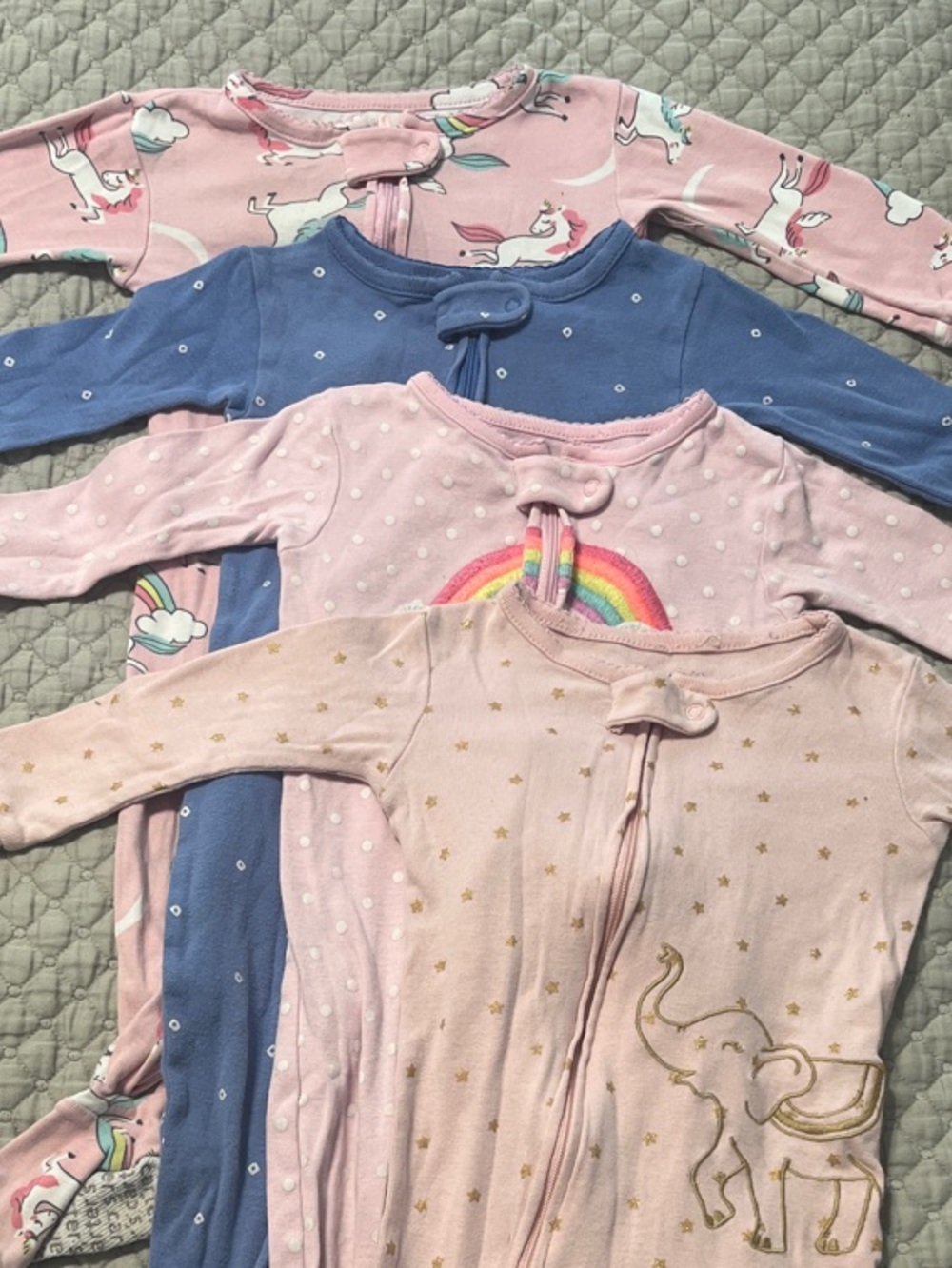 Carter's Pink & Blue Baby Footed Zip One-Pieces with Elephant and Rainbow